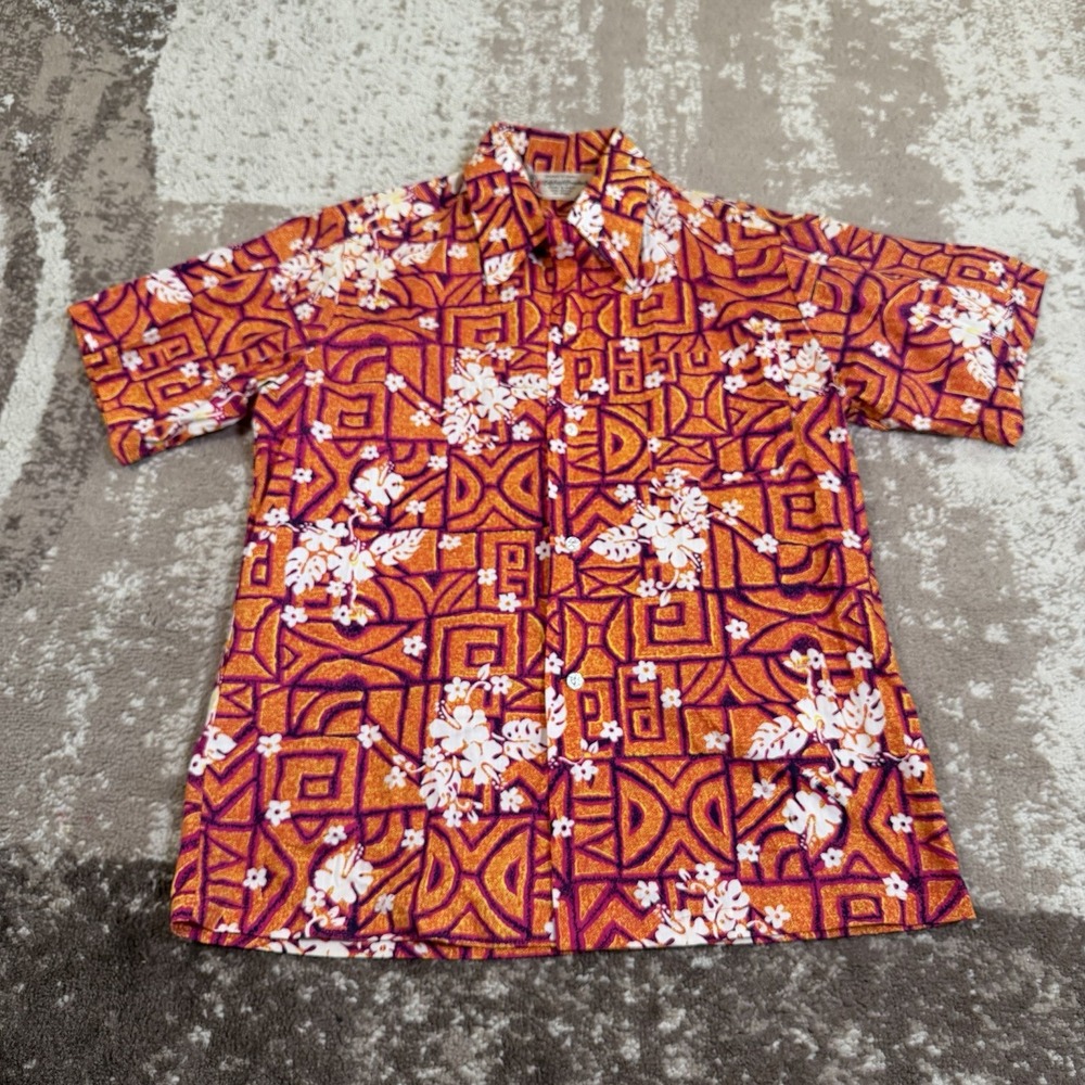 Vintage Calabash Hawaiian Shirt Mens Medium Orange Floral Loop Collar Button Up